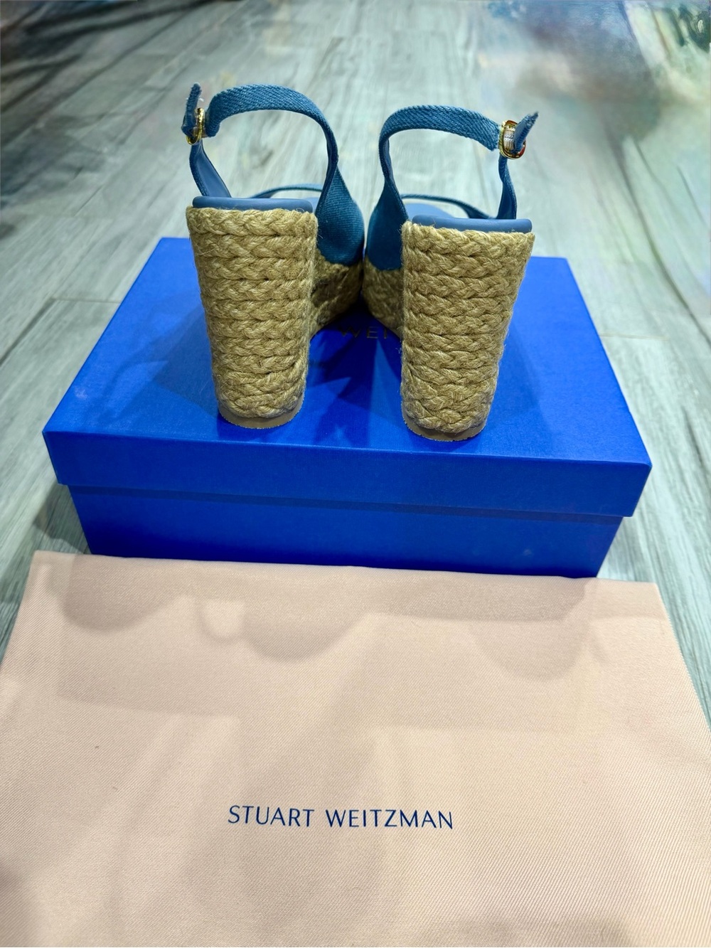 Stuart Weitzman Blue Denim Peep Toe Espadrille Wedge Slingback Sandals - Picture 4 of 6